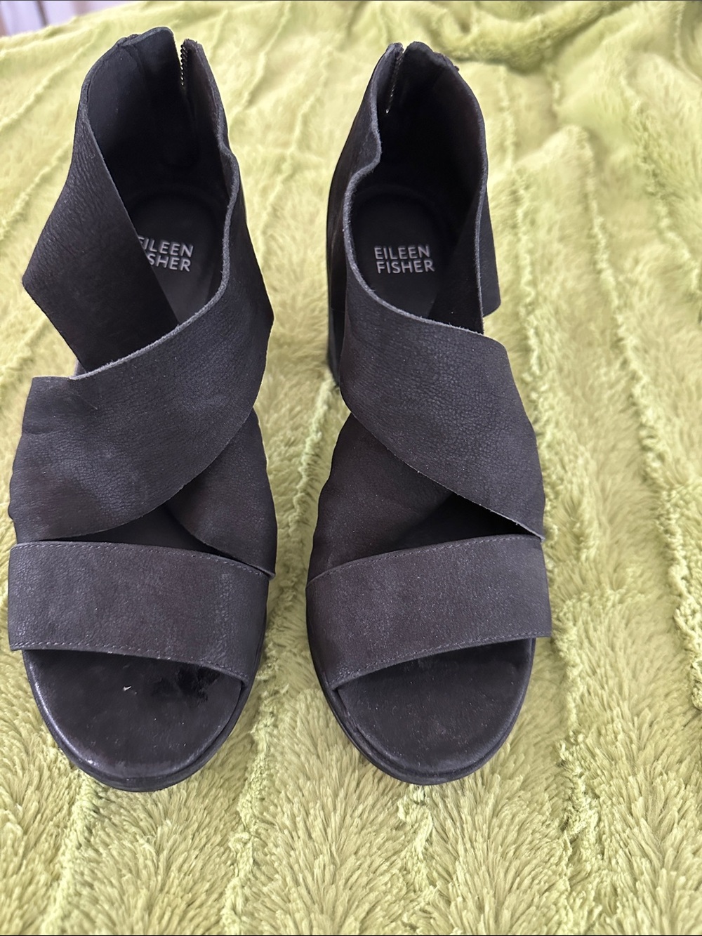 Eileen Fisher Black Crisscross Open-Toe Wedge Sandals with Back Zip